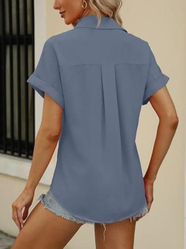 Beautife Womens Short Sleeve Shirts V Neck Collared Button Down Shirt Tops with Pockets Blue Grey - Image 5