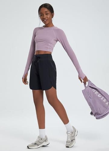 baleaf Women's 7" Long Running Shorts Athletic Workout Gym Quick Dry Hiking Shorts High Waisted Zipper Pocket Black M - Image 7