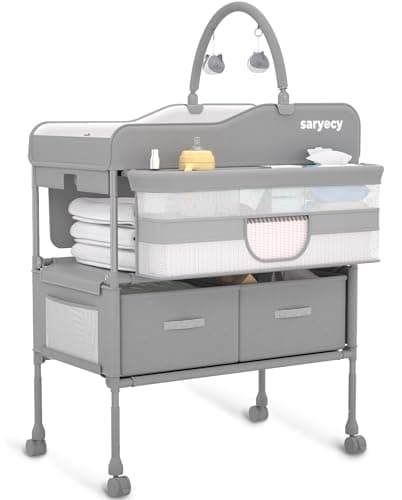 Saryocy Baby Changing Table, Versatile Folding Changing Table, Waterproof Diaper Changing Station, Adjustable Height with 2 Drawers,Baby Changing Station, Mobile Nursery for Infant and Newborn