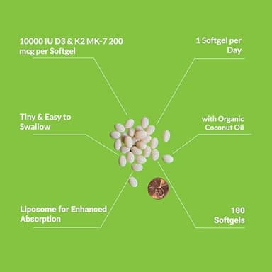 UpNourish Liposomal D3 K2 Vitamin 10000 IU D3 and K2 MK-7 200 mcg - 180 Vitamin D3 k2 (Vitamina D3 con K2) Mini Softgels - Easy to Swallow K2 D3 Vitamin - Image 3