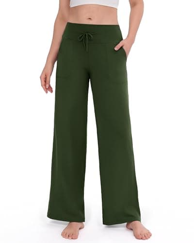 ZOOSIXX Yoga Pants Women - Wide Leg Pants Loose Casual Flowy Lounge Sweatpants High Waisted Pajamas with Pockets Olive - Image 1