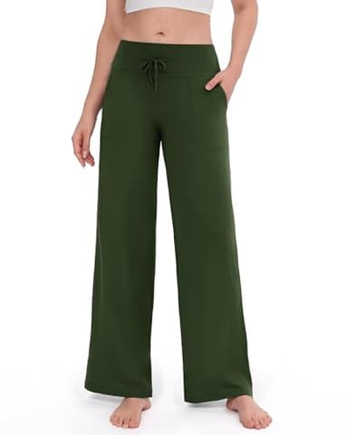 ZOOSIXX Yoga Pants Women - Wide Leg Pants Loose Casual Flowy Lounge Sweatpants High Waisted Pajamas with Pockets Olive - Image 1