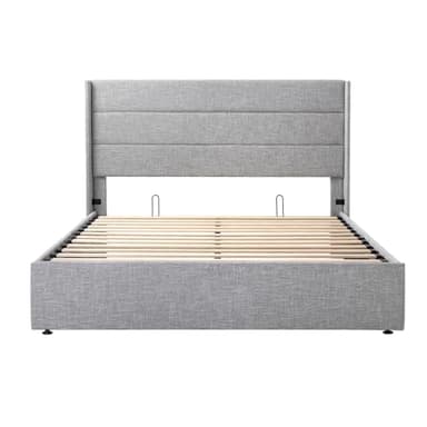 SHA CERLIN Queen Size Lift Up Storage Bed/Modern Wingback Headboard/Upholstered Platform Bed Frame/Hydraulic Storage/No Box Spring Needed/Wood Slats Support/Light Grey - Image 9