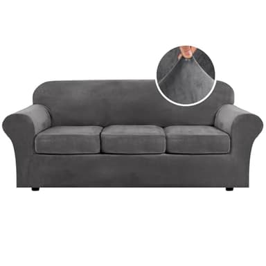 H.VERSAILTEX 4 Pieces Thick Velvet Sofa Covers Couch Covers for 3 Cushion Couch Sofa High Stretch Slipcovers Furniture Protector Form Fit Luxury Couch Cover for Dogs Width Up to 90 Inch(Sofa,Grey) - Image 1
