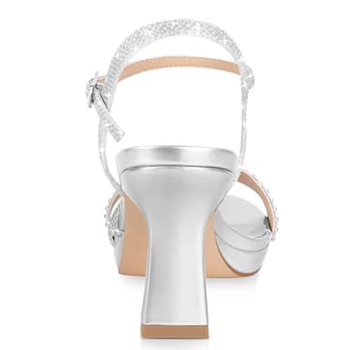 PIZZ ANNU Lena Women's Platform Heels High Block Chunky Sparkly Rhinestone Glitter Open Toe Ankle Strap Fashion Dress Pump Sandals Shoes, Silver 6 - Image 3