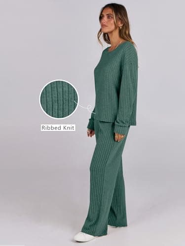 ANRABESS Women 2 Piece Lounge Pajamas Sets Casual Ribbed Knit Long Sleeve Top Pants Matching Set 2025 Fall Outfits Clothes Green X-Large - Image 3
