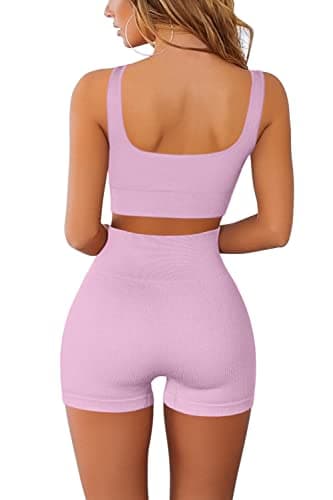 QINSEN Workout Sets for Women 2 Piece Seamless Ribbed Crop Tank High Waist Shorts Yoga Outfits (L, Dusty Pink) - Image 2