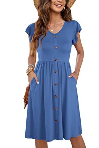 WNEEDU Women Summer Dresses Sleeveless Casual Loose Swing Button Down Midi Dress with Pockets(Beja Blue,S) - Image 1