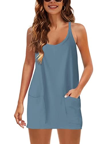 Lentta Womens Athletic Sleeveless Mini Dress with Built-in Shorts V Neck Spaghetti Strap Sundress(Bluegrey-L) - Image 3