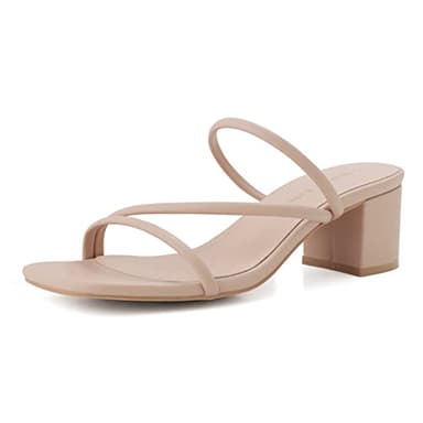 Shoe'N Tale Strappy Heels For Women Low Chunky Block Heel Heeled Sandals Square Open Toe Slip On Slides Mules(6,Nude) - Image 1