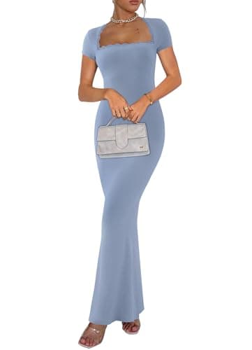 REORIA Womens Summer Ribbed Bodycon Maxi Dress Sqaure Neck Lace Sexy Casual Short Sleeve Tight Fitted Long Dresses Formal Blue X Small - Image 4