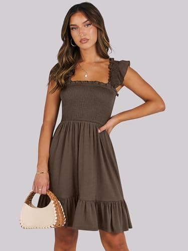 ANRABESS Women's Summer Casual Sleeveless Square Neck Dress 2025 Smocked Ruffle Backless Boho Beach Cute Teen Short Sundress Coffee Medium - Image 2