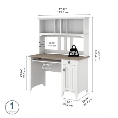 Bush Furniture Salinas Computer Desk with Hutch | Study Table with Drawers, Cabinets & Pullout Keyboard/Laptop Tray | Modern Home Office Desk in Pure White and Shiplap Gray | Work Desk with Storage - Image 3