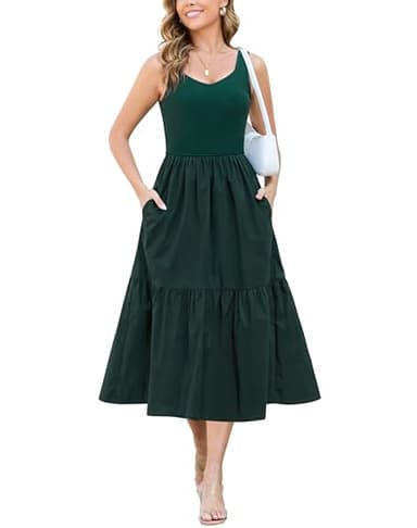 Kranda Summer Dresses for Women 2025 Sleeveless Sweetheart Neck Casual Ribbed Tank Top Tiered Midi Dress with Pockets, Dark Green S - Image 1