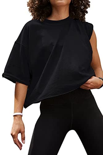 Women's Oversize Crop Tops Casual Short Roll Sleeve Drop Shoulder T-Shirts Solid Color Basic Yoga Athletic Running Tees Black L - Image 1