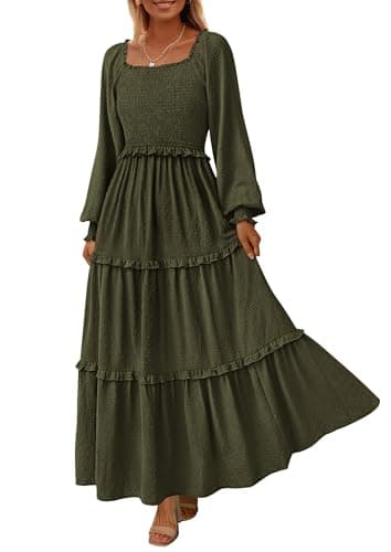 PRETTYGARDEN Fall Dresses for Women 2025 Long Sleeve Smocked Square Neck Swiss Dot Tiered Flowy Wedding Guest Maxi Dress (Army Green,Large) - Image 1