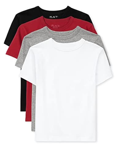 The Children's Place Boys' 4 Pack Short Sleeve Basic Layering T-Shirt, Black/Ruby/H Gray/White, Small