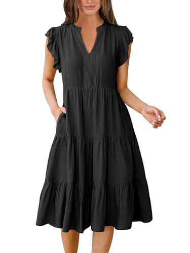 ANRABESS Womens Summer Dress Ruffle Sleeve V Neck Midi Dresses Fashion Casual Fit Flowy Tiered Boho Beach Vacation Sundress Black-XL - Image 1
