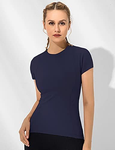 Loovoo Workout Tee Tops for Women 2 Pack Short-Sleeves Crewneck Compression Seamless Athletic Yoga Tee Gym Shirts - Image 2