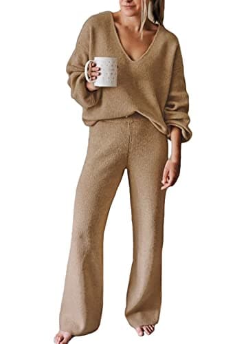 VamJump Women's Two Piece Knit Outfits Lounge Sets Long Sleeve V Neck Sweater Wide Leg Pants Sweatsuit Sets, Khaki XL - Image 1