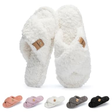 GOEWY Fuzzy Open Toe Slippers for Women Indoor and Outdoor with Memory Foam Cozy Cross Band Cute Slipper Soft House Shoes Slides Slip On Gifts for Women Mom Her Ladies Bridesmaid White - Image 1