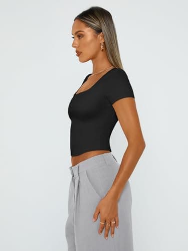 Trendy Queen Tshirts Shirts for Women Double Lined Going Out Crop Tops 2025 Spring Summer Workout Y2k Clothes Beach Fashion Black L - Image 3