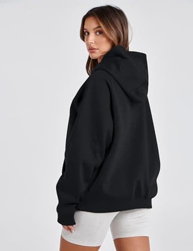 Lauweion Women Solid Basic Fleece Letter Loose Hoodie Sweatshirt Long Sleeve Kangaroo Pocket Drop Shoulder Pullovers Top (Large, Black) - Image 5