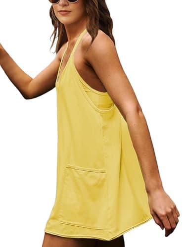 Lentta Womens Athletic Sleeveless Mini Dress with Built-in Shorts V Neck Spaghetti Strap Sundress(LightYellow-XS) - Image 3