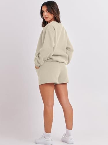 ANRABESS Women 2 Piece Outfits Sweat Shorts Sets 2025 Oversized Casual Lounge Matching Set Sweatsuit Tracksuit Fall Clothes Almond Large - Image 5