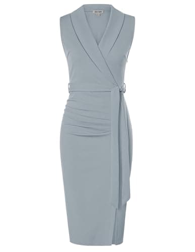 GRACE KARIN Women's Wear to Work Sleeveless Ruched Bodycon Office Pencil Midi Dresses with Belt Light Grey - Image 1