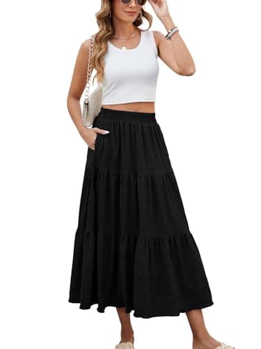HUSKARY Skirts for Women Trendy Summer Casual High Waisted Flowy Maxi Skirt Spring Loose Tiered Layered Beach Skirt,Black,Large - Image 3
