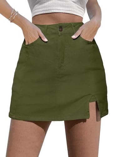 luvamia Skorts Skirts for Women Denim Mini Skirt Side Slit with High Wasited Jean Shorts Stretchy Jean Skorts for Woman Green Skirt Women Olive Green Size Medium Size 8-10 - Image 1