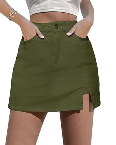 luvamia Skorts Skirts for Women Denim Mini Skirt Side Slit with High Wasited Jean Shorts Stretchy Jean Skorts for Woman Green Skirt Women Olive Green Size Medium Size 8-10 - Image 1