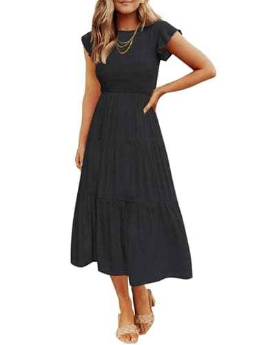 ZESICA Women's 2025 Summer Casual Flutter Short Sleeve Crew Neck Smocked Elastic Waist Tiered Midi Dress,AllBlack,Medium - Image 1