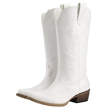 HISEA Rollda Cowboy Boots for Women Western Cowgirl Boots with Chunky Heel Ladies Snip Toe Mid-Calf Boots White Size 8 - Image 1