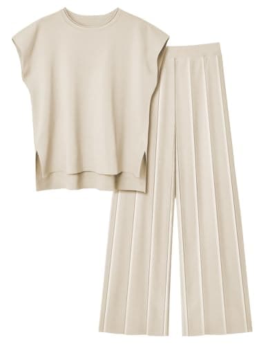 LILLUSORY 2 Piece Sets for Women Summer Vacation 2025 Lounge Outfits Matching Two Pcs Spring Knit Tracksuits Sweat Suits Beige L - Image 1