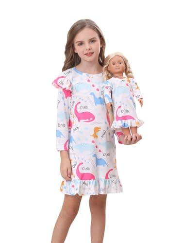 Bow Dream Toddler Girls Casual Dress and Matching American Girl Doll Clothes for GirlsWhite Dinosaur Size 130 - Image 1