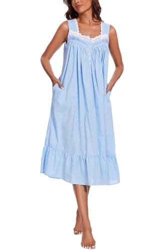 AVIIER 100% Cotton Nightgowns for Women Sleeveless Sleep Dress Ladies Gowns Sleepwear with Pockets (Blue, XX-Large) - Image 2
