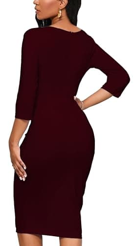 Yajedo Womens Bodycon Cocktail Ruffle 3/4 Sleeve Work Business Knee Length Sheath Dress(Burgundy X-Large) - Image 5