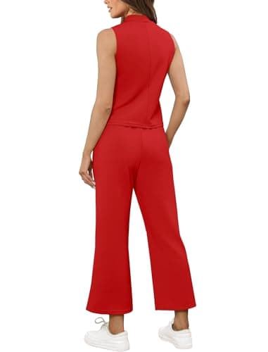 SAMPEEL Two Piece Set for Women Christmas Outfits Holiday Trendy Lounge Sets Mock Neck Matching Sets Women Clothing Wide Leg Crop Pants Set Red S - Image 5