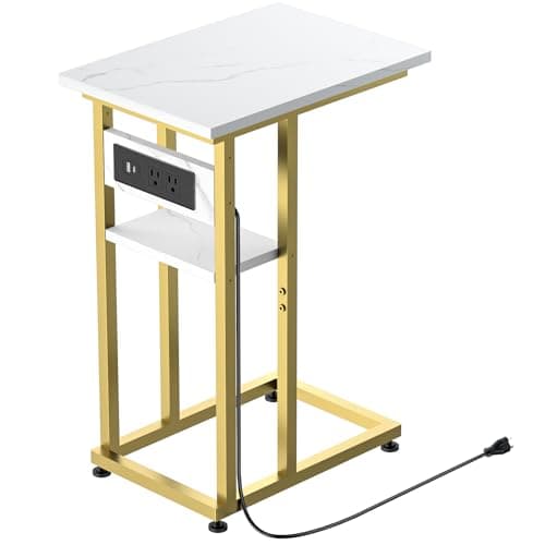 BALEINE Side Table with Charging Station, C-Shape End Table with Dual USB-C Ports and Outlets, Couch Table, Bedside Table for Small Spaces, Living Room, Bedroom (Marble White) - Image 1
