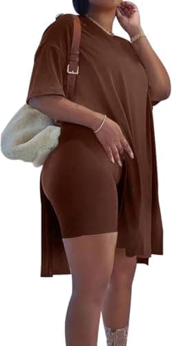 AXOSY Women Plus Size 2 Piece Outfits Short Sleeve Tunic Tops and Skinny Biker Shorts Sets Tracksuits Coffee,X-Large - Image 3