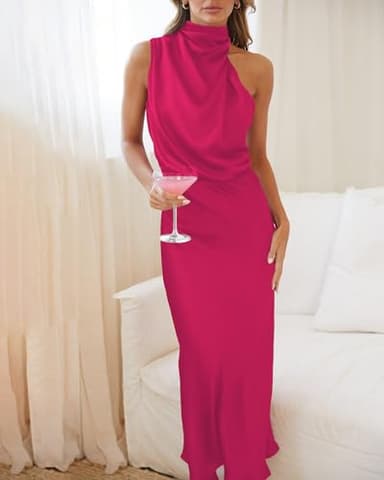 BTFBM Women Sleeveless Cocktail Dresses Fall Mock Neck Keyhole Elastic High Waist Evening Party Maxi Wedding Guest Dress(Rose Red, Small) - Image 6
