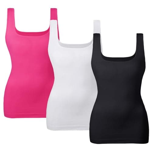 EUYZOU Women's 3PK Tummy Control Shapewear Tank Tops Seamless Square Neck Compression Tops Slimming Body Shaper Camisole - Black/White/Rose L - Image 1
