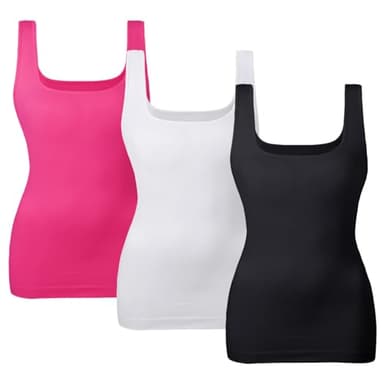 EUYZOU Women's 3PK Tummy Control Shapewear Tank Tops Seamless Square Neck Compression Tops Slimming Body Shaper Camisole - Black/White/Rose L - Image 1