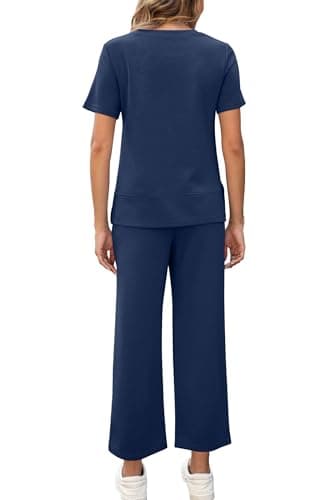 OFEEFAN Two Piece Outfits for Women Casual Summer Travel Lounge Sets Spring Tracksuit Airport Loungewear Vacation Clothes Wide Leg Crop Pants Matching Clothing Set Women's Sweat Track Suit Navy M - Image 6