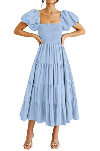 PRETTYGARDEN Women's Casual Summer Midi Dress Puffy Short Sleeve Square Neck Smocked Tiered Ruffle Dresses (Light Blue,Large) - Image 1