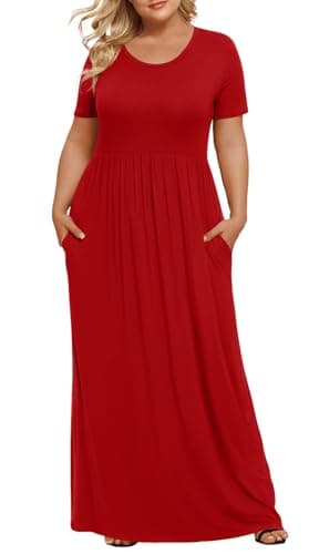 LONGYUAN Casual Plus Maxi Dress for Ladies 2025 Summer Short Sleeve Women's Plus Size Long Dresses Red, XL - Image 1