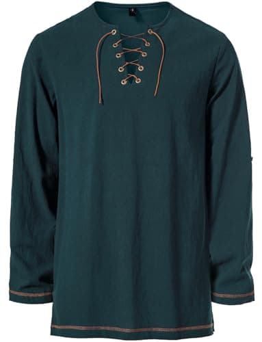 JEMITOP Men's Renaissance Costume Retro Lace Up Shirts for Pirate Viking Medieval Vampire Halloween Cosplay Without Belt Dark Green L - Image 4