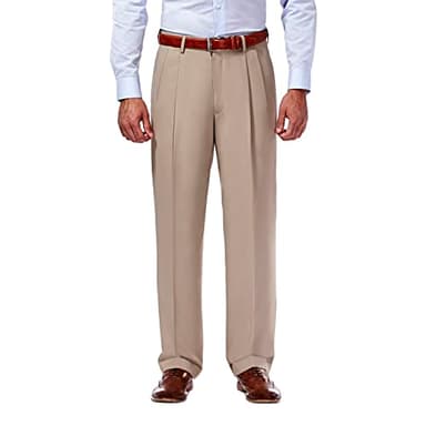 Haggar mens Mynx Gabardine Hidden Expandable Waistband Classic Fit Front Pleated dress pants, Tan, 44W x 32L US - Image 1